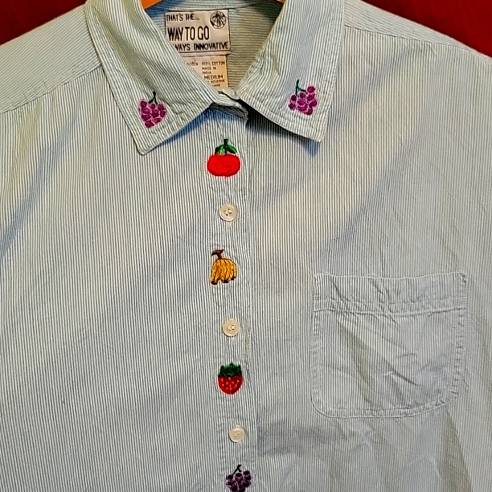 🍎🍇100%cotton Shirt - Fruit Embroidered Button Down Shirt 100% Cotton